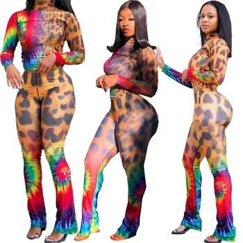 Echoine Femei Din Două Piese Set Leopard Gaură Neagră Print Cu Maneci Lungi De Sus Flare Bellbottom Pantaloni Costum Sportiv Trening Fitness Tinuta