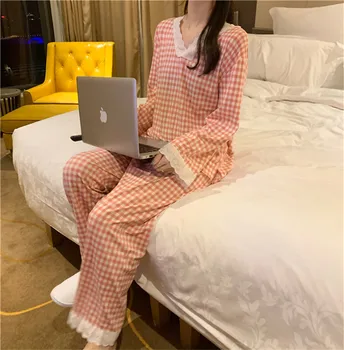 2020 femei v-gât pijama seturi de dantelă bantă maneca pantaloni acasă costum mujer pijama sleepwear primavara toamna îmbrăcăminte de noapte L019