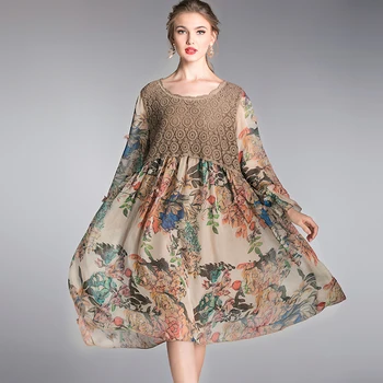 Primăvară Doamnelor Plus Dimensiune dantelă mozaic floral Rochie de șifon Elegant vrac Rochie de partid șifon rochie lunga longos vestido XXXXL4XL