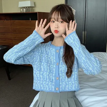 Femei Tricotate Cardigan Scurt Stil Coreean Scurte Pulover De Toamna Cu Maneci Lungi O De Gât Sus Elegante, Pulovere Sacou