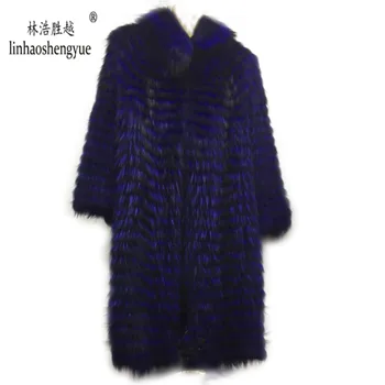 Linhaoshengyue 90cm timp real Silver fox red fox natura haină de blană Lână tricot de linie,elegant stand guler