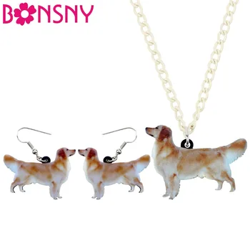 Bonsny Acrilice Set de Bijuterii Golden Retriever Câine de Cercei Colier Guler de Moda Drăguț Pandantiv Pentru Femei Accesorii Fete NE+EA