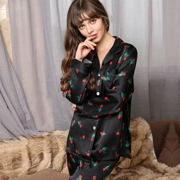 16 momme Negru matase naturala seturi de pijamale femei Coreea moda rose pictură Digitală maneca lunga autentic de mătase pijamale femei