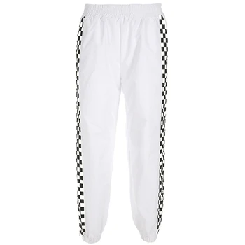 Darlingaga Streetwear alb pantaloni femei joggeri pantaloni talie mare parte tablă de șah cu fermoar pentru femei pantaloni largi jos pantalon