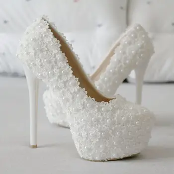 Cristal Regina Albă de Dantelă de Nunta pantofi Mireasa 14cm inaltime Platforma pantofi Drăguț rochie de Petrecere pantofi de femeie ștrasuri din mărgele Pompe