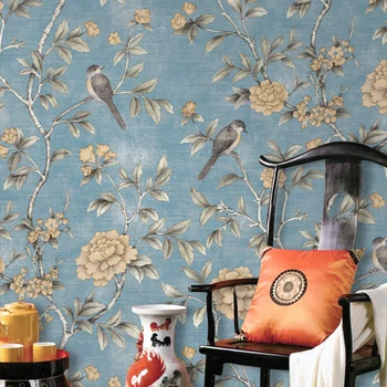 Chineză Stil Tapet Floral Clasic Pastorală Flori Păsări De Hârtie De Perete Rosu Galben Albastru Chinoiserie Retro Dormitor Fete