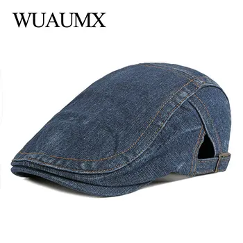 Wuaumx NOU Spălate Denim Berete Pălărie Bărbați Femei Britanice Stil Occidental Plat Ivy Capac Solid Albastru Duckbill Pălărie de Epocă Spic Capace