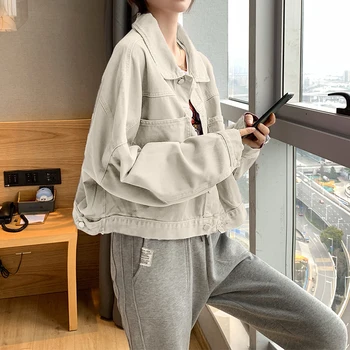 Solidă Guler de Turn-down Geaca de blugi pentru Femei Vrac Casual Violet Haine de Moda coreeană Stil de sex Feminin Denim Top Scurt Feminin