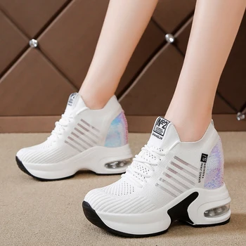 Noi Femeile de Vară Plasă Platforma Adidasi Formatori Pantofi Albi 8.5 CM Tocuri inalte Pene în aer liber Pantofi Respirabil Pantofi Casual Femei