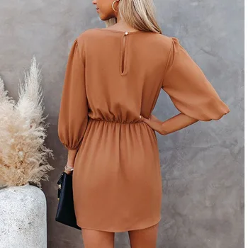 OTEN Femei 7 / 4 sleeve culoare solidă subțire sexy fusta gât rotund Mini casual, curea neregulate rochie confortabil și versatil