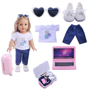 American doll kit de călătorie includ ochelari de soare Valiza T-shirt, Pantaloni, Pantofi Laptop se Potrivesc for18 inch 43cm Papusa Accesorii Fata de Jucărie
