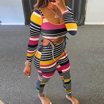 Sexy Rainbow Stripe Femei Pijamale Primavara Toamna Pătrat Guler De Dantelă-Up De Două Bucata Set Elegant Talie Taie Cu Nervuri Costum Homewear
