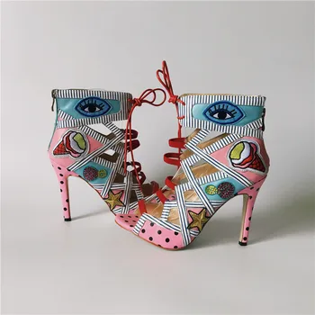 Poze Reale Femei Sandale Roz Curea Glezna Tocuri Inalte Pantofi De Vara De Imprimare Alb-Negru Pompe Taie Doamnelor Cizme De Valentine Sandalias