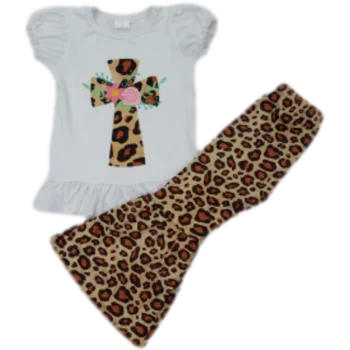 2021 Noi Fete Pentru Copii Haine Crucifix Broderie Tricou Top Leopard-Clopot Fund Pantaloni Lungi Copii Copilul Purta Haine