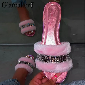 Glamaker scurt Roz piush doamnelor pantofi 2020 moda vara Plat cu femei sandale sexy club negru Shearling sandale feminine
