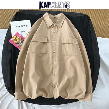 KAPMENTS Harajuku Solidă Maneca Lunga Tricou Pentru Om 2020 Bumbac Buzunare Streetwear Tricouri de sex Masculin coreea Moda Haine Supradimensionate
