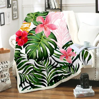 Noi de Flori din Frunze de Palmier de Imprimare Digitală de Pluș Pătură 3D Adult Canapea Dormitor Sherpa Cuvertură de Catifea Sac Arunca Pături