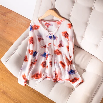 SuyaDream Femei Bluza imprimeu REALE MĂTASE cu Mâneci Lungi cu Funda Roz cu Guler Bluze de Birou 2019 Toamna Tricou