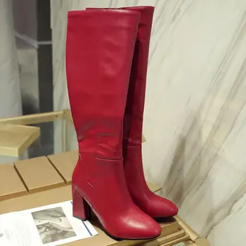 Cizme Pentru Femei Cu Fermoar Confortabil Square Toe Pantofi De Iarna Pentru Femei Pluș Cald Cizme Cu Toc Roșu Negru Maro Cizme 2019