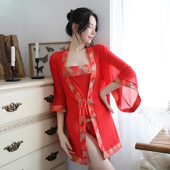 Chineză stil sexy broderie set de pijamale de Mireasa haine lungi Kimono siret Șorț de sex Feminin Lenjerie Perspectivă cămașă de noapte 3Pce Set