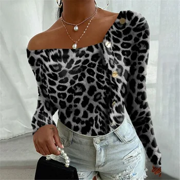 Toamna Iarna Doamnelor de Toate-meci Tricou Sexy pe Un Umar cu Maneca Lunga Butonul Solidă Chic Leopard de Imprimare Bluza Tricou Topuri Slim Blusa