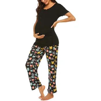 Maternitate Alăptează Gravidă Femei costum de Pijama de Bumbac Casual Confortabil Sarcinii Pijamale Scurte Gât Rotund vara set de toamnă