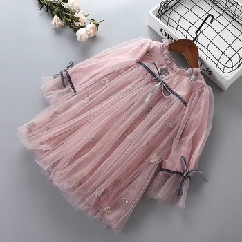 2-7 ani de Înaltă calitate fata rochie 2019 nou toamna plasă de dantelă șifon flori copil haine copii fete partid rochie de printesa