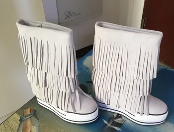 Manual Franjuri Papuceii Înălțime Creșterea 13cm Cald Iarna din Piele Suede Tassel Cizme de Zapada pentru Femei Platforma Lift Pantofi