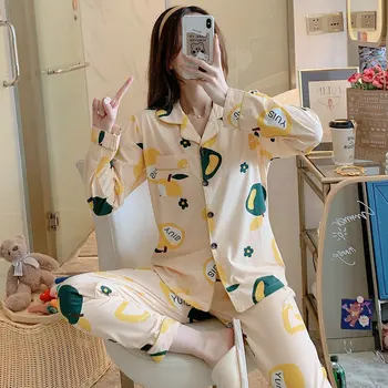 CAIIYIER Roz Dragoste Print pentru Femei îmbrăcăminte de noapte Costum de Iarnă de Turn-down Gât Tricou + Pantaloni de Pijamale de sex Feminin Pyjama Set coreean Homewear