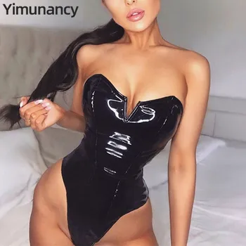 Yimunancy Piele PU Sexy Body Femei Strapless Formă de V Bodycon Bodysuit Doamnelor Skinny Black Body Clubwear