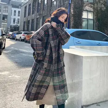 Haină de lână Femei Plus Dimensiune Carouri Feminino Elegant Long Double Breasted Femei Îmbrăcăminte de Iarnă Amestecuri pentru Femei de Moda coreeană