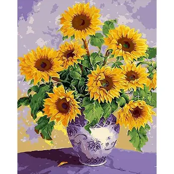 DIY Pictura De Numere Pentru Adult Floarea-soarelui Vaza Flori de Colorat De Numere Pe Panza Pictura Digitală Home Decor 40*50cm Cadru