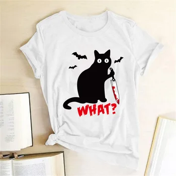 Pisica Neagra Ce Tricou Criminal Cat Cuțit Femei Amuzant Tricou Maneca Scurta De Halloween Topuri Teuri Femme Camisetas Verano Mujer 2020