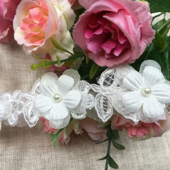 2yards 5cm largă de calitate de top alb floare 3D cu margele dantelă tunderea aplicatiile metalice aurii dantelă florale 3d tapiterie, SC064