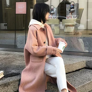 De lână, Amestecuri de Femei Roz Dulce Elegant All-meci Femei Lung Haina de Iarna Cald de Înaltă Calitate de zi cu Zi Harajuku coreea Style Moda