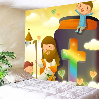 Desene animate drăguț Creștin Isus Tapiserie de pe Perete 200x150cm Decor Minunat Poliester Perdele Plus Masă Lungă de Acoperire
