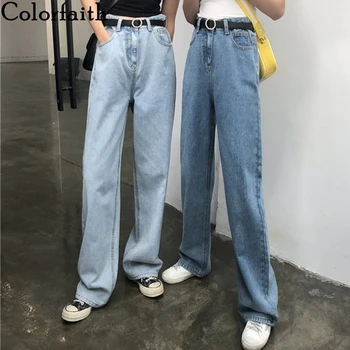 Colorfaith 2019 Femei Blugi Cu Fermoar Direct Iubiți Stil Coreean De Înaltă Talie Pantaloni Lungi Doamnelor De Epocă Albastru Denim Blugi J3658