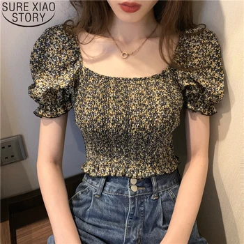 Coreea De Epocă Femei Bluze De Vara Puff Maneca Scurta Guler Pătrat Scurtă Lungime Bluza Floral Print Sifon Tricouri Topuri 10157