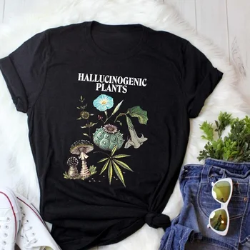 Hahayule-JBH Unisex de Plante Halucinogene T-Shirt Hipsters Moda Vintage Marijuana Ciuperci Tee