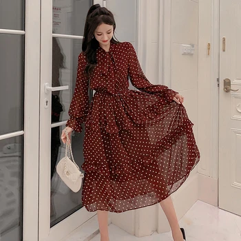Femei Șifon Dress 2020 Primăvară de Iarnă de sex Feminin Elegant Vintage Maneca Lunga Tipărite Dot-linie Stratificat Rochii Casual Vestidos