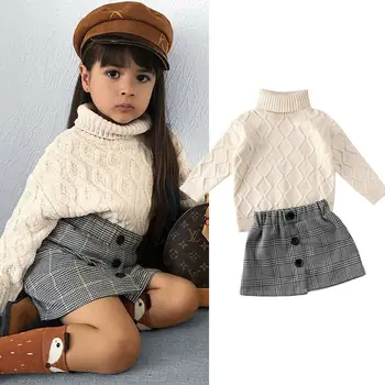 2-7Y Moda Toamna Iarna Copii Fete pentru Copii Haine Seturi Guler Pulover Tricot Topuri + Print Carouri Fusta Mini Costum de Cald 2020