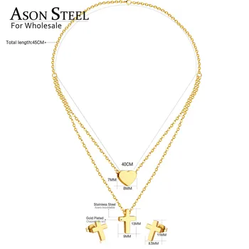 ASONSTEEL Seturi de Bijuterii pentru Petrecerea din Oțel Inoxidabil Dublu Lanțuri Colier de Aur/Argint de Culoare Cross Stud Cercel Moda Bijuterii