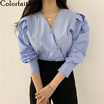 Colorfaith Noi 2020 Femei Toamna Iarna Tricouri Bluza V-Neck Cruce Butoane Manșon de Puf de Epocă Elegant coreean Doamna Topuri BL0677