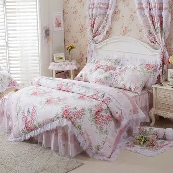 Coreea de pat set proaspăt de flori de gradina princess dantela din bumbac previn răspândirea pat volane față de pernă carpetă acopere HM - pat fusta
