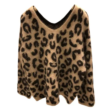 Toamna 2020 V-neck Maneca Lunga Elegante Leopard Pulover Vrac Casual cu Blană Caldă Femei Tricotaje, Pulover Supradimensionat Tinuta Sueter