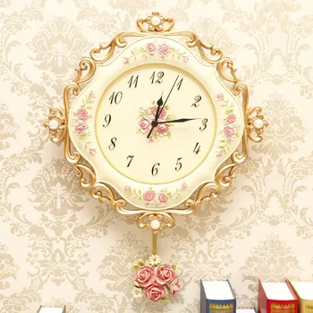 Retro europene rășină Pastorală cuarț ceas Mut stil ceas de perete Dezactivat moda floare trandafir ceas de perete rotund