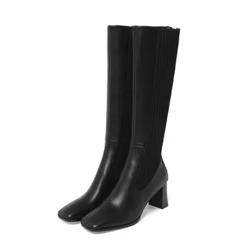 MLJUESE 2021 femei pe genunchi-cizme de iarna din piele scurt de pluș culoare caise square toe tocuri inalte femei cizme marimea 40