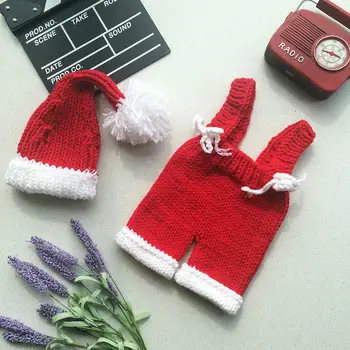 Pălărie croșetat copil nou-născut de crăciun costum de mos craciun recuzită fotografie manual tricot pălărie de iarnă bretele trage de haine