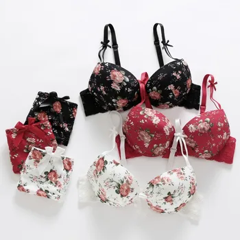 Sexy Femei Florale Imprimate Set de Sutien Push-Up Sârmă Subțire Gratuit Confortabil Sutien+Midi-creșterea Chilot Lenjerie Multi