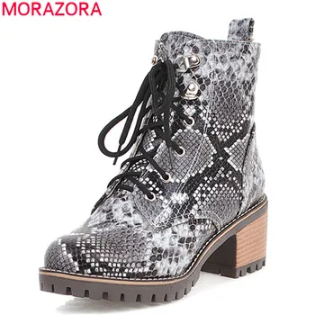 MORAZORA 2020 fierbinte pătrat tocuri platforma cizme femei toamna iarna pantofi casual rotund toe dantela-up șarpe moda glezna cizme pentru femei